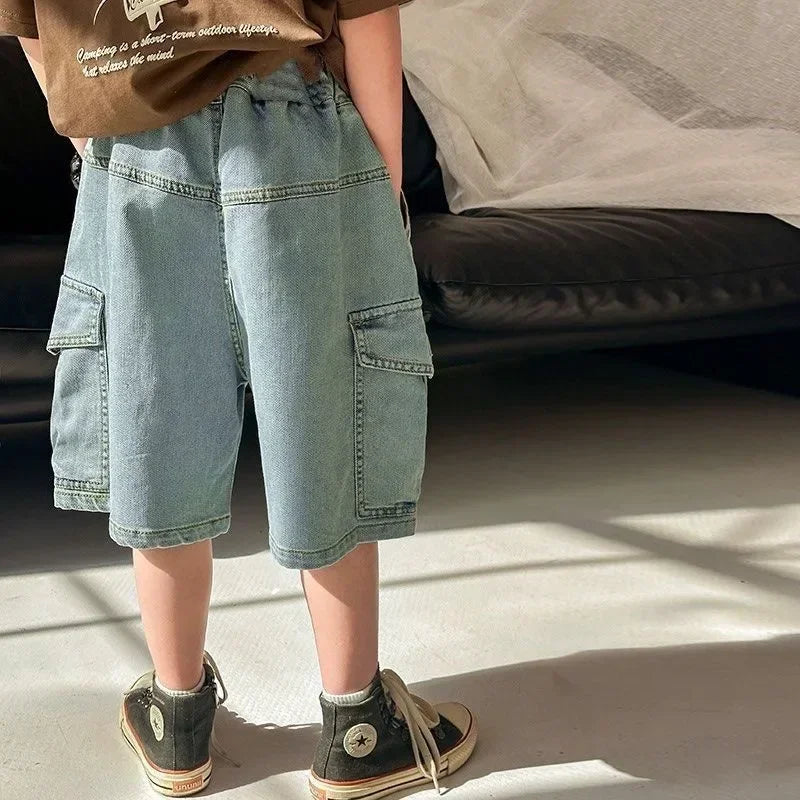 New 2025 Summer Fashion Boys Denim Five-point Pants Kids Casual Solid Thin Denim Shorts Trousers Teen Jeans Children's Clothing