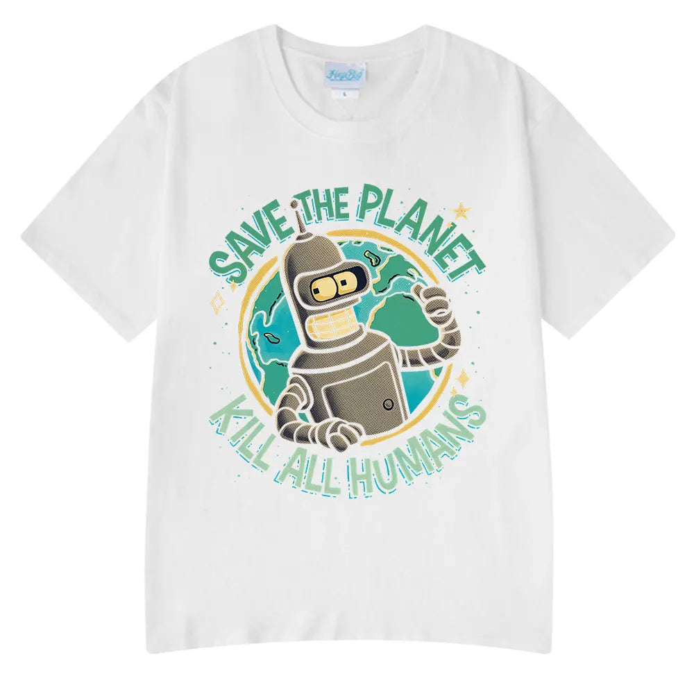 Funny Save The Planet Kill All Humans Robot Graphic Print T Shirt Men's Women Fashion Short Sleeve T-shirt Oversized Cotton Tees