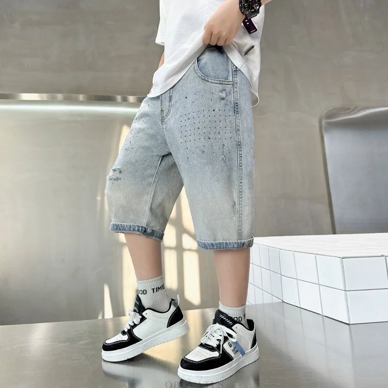 New Summer Kids Denim Shorts with Pockets For Teens Boy Slim Fit Mid-Calf Jeans Pants Teenage Child Causal Ripped Crystal Shorts