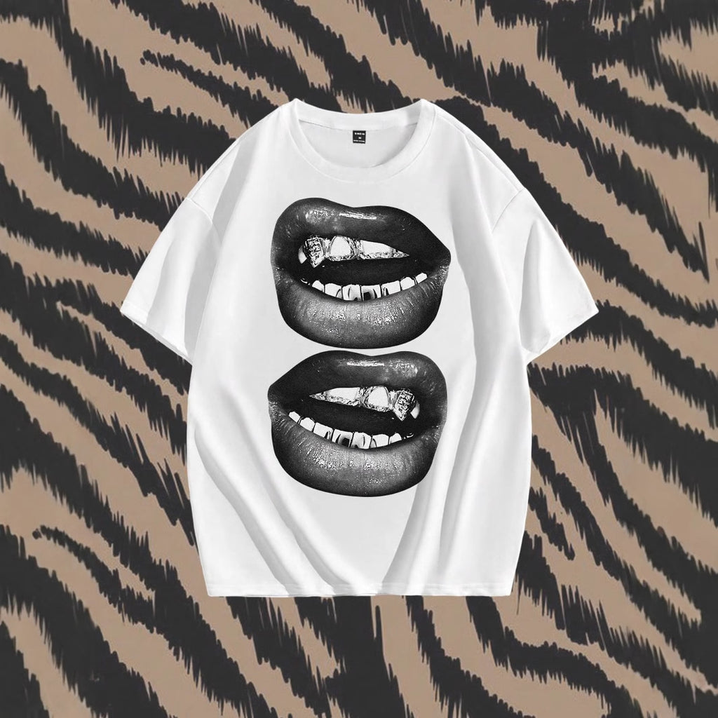 Tooth Drill Mouth Trendy Brand Short-Sleeve Streetwear Casual Couple T-Shirts