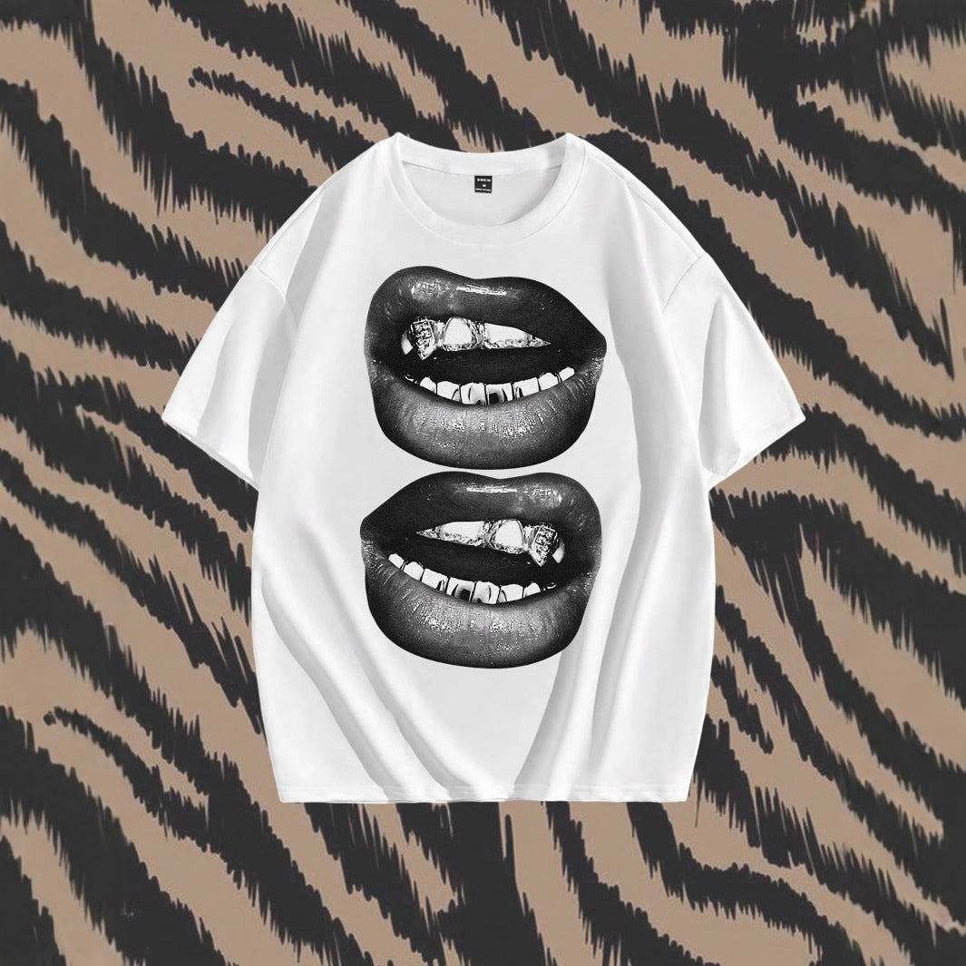 Tooth Drill Mouth Trendy Brand Short-Sleeve Streetwear Casual Couple T-Shirts