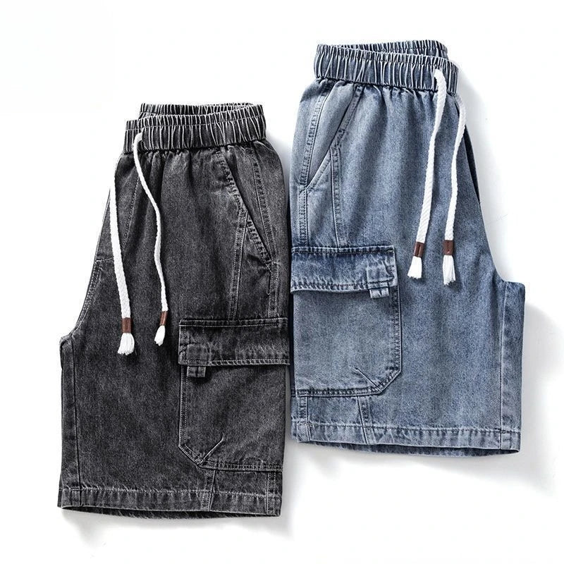 Summer 2025 Big Pocket Denim Shorts Teen Students Trendy Casual Pants Versatile Elastic Waist Men's Jeans Shorts Outer Pants