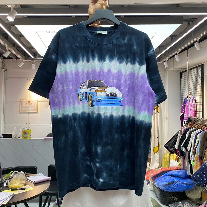 European And American Street Washing Retro Tie Dyeing Process Car Printing Loose Casual Cotton Short Sleeve T-shirt Half Sleeve For Lovers