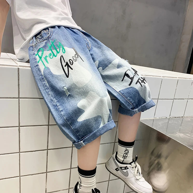 Kids Teenager Slim Denim Shorts For Boys Summer Capris Jeans Teens Children Casual Shorts Bottom Letter Print Mid-Calf Pants