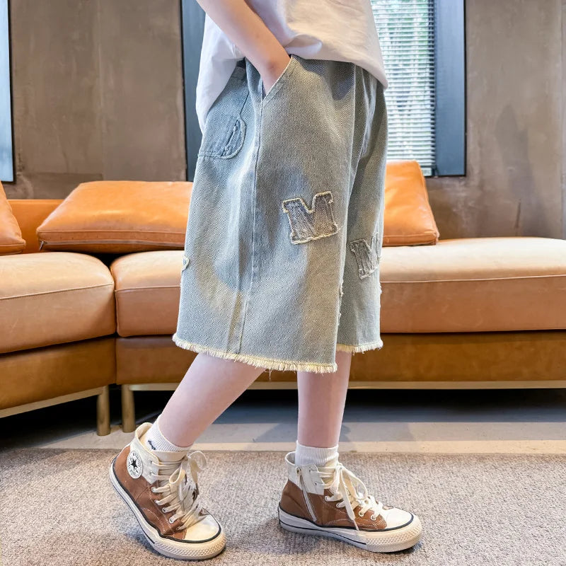 Teenage Child Blue Denim With Y2K Fashion Style Trousers Toddler Ages 4-14Y Boys Denim Shorts Teen Boys Casual Knee-Length Jeans
