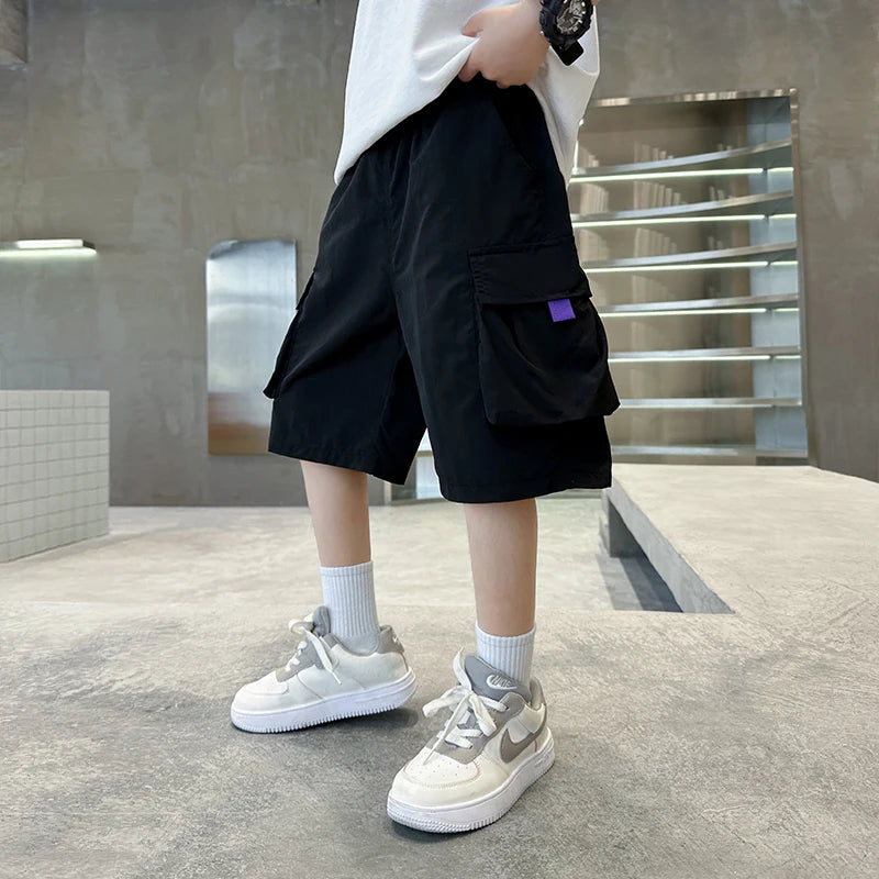 Elegant Kids Black Purple Color Cargo Short with Big Pocket for Teens Boy Casual Short Cargo Pants Tweens Child Summer Bottoms