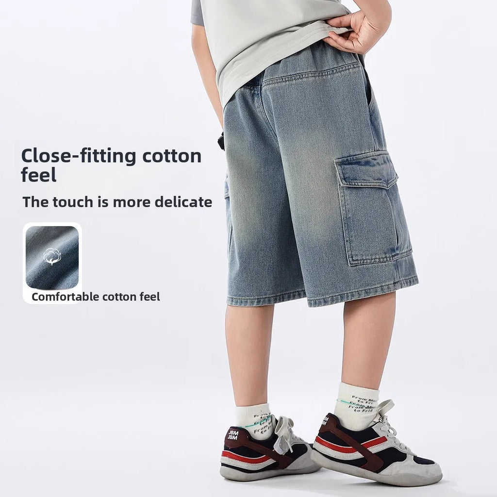 2026 Summer Teen Boys Denim Shorts Fashion Solid Color Big Pocket Thin Jeans Pants For 4-14 Years Kids Children Casual Trousers