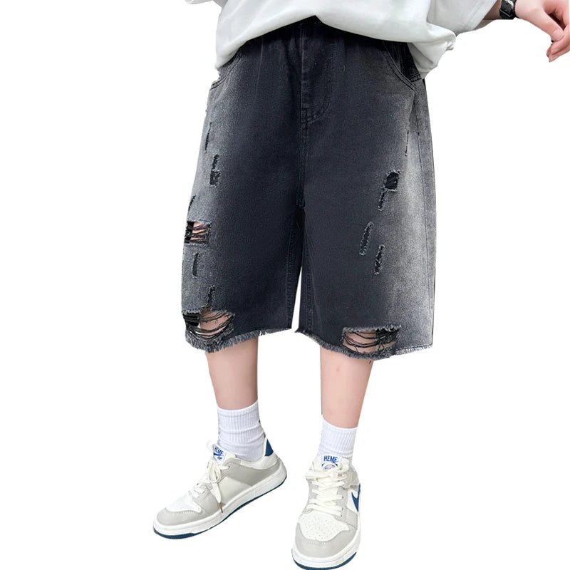 Fashion Design Tween Boy Ripped Denim Shorts with Hole For Teen Child Casual Knee-Length Black Jeans Kids Destroy Broken Shorts