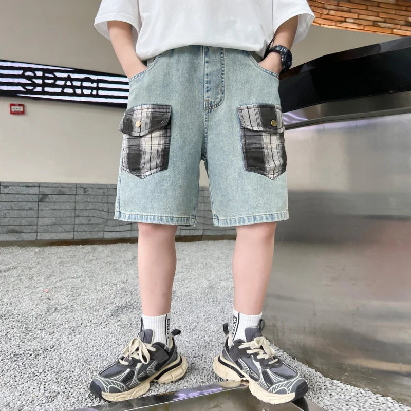 2025 New Kids Child Unique Designer Summer Denim Shorts with Plaid Pocket for Teens Boy Casual Jeans Cargo Shorts 5 7 9 11 13 14
