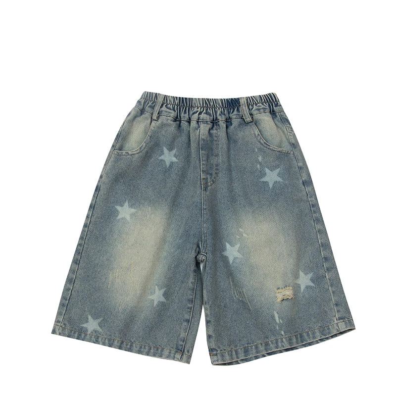 Kids Child Retro Gothic Y2K Knee Length Ripped Denim Shorts With Star Print for Teenage Girl Fashion Casual Mid-Calf Jeans Capri