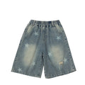 Kids Child Retro Gothic Y2K Knee Length Ripped Denim Shorts With Star Print for Teenage Girl Fashion Casual Mid-Calf Jeans Capri