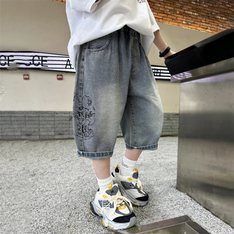 Teen Boys Shorts for Kids Summer 2025 Fashion Capri Trousers with Cartoon Print Korean Child Denim Shorts Jeans Age 5-14 Years