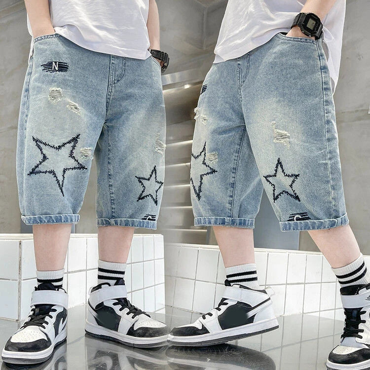 Summer Boys Jeans Shorts Five-pointed Star Print High Waist Ripped Denim Shorts For 5-12 Years Teen Kids Casual Knee Length Pant