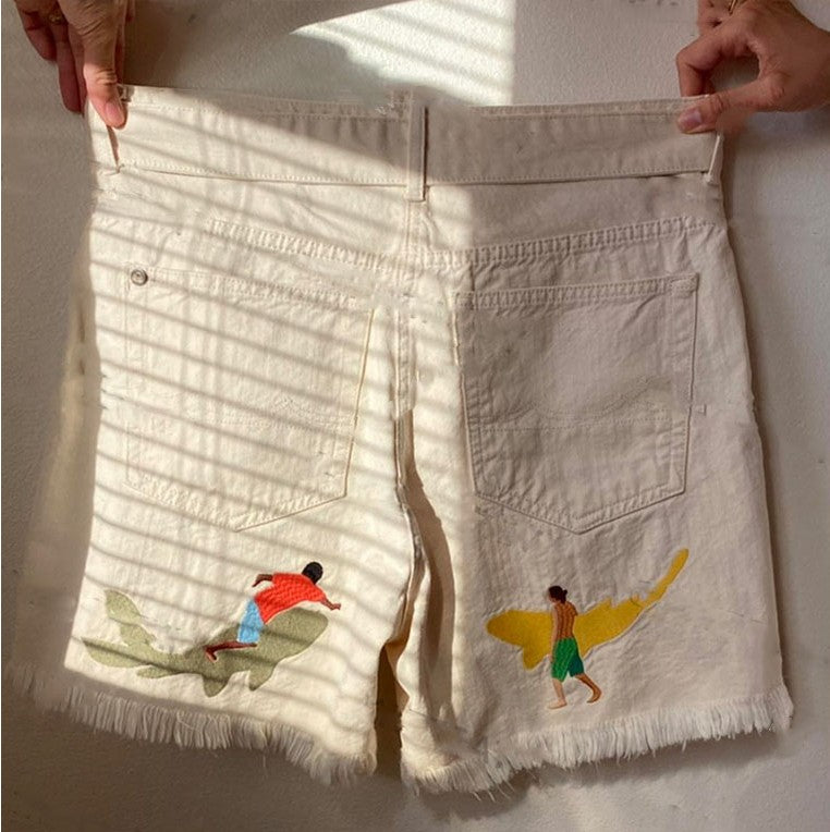 American Retro Embroidered White Denim Shorts