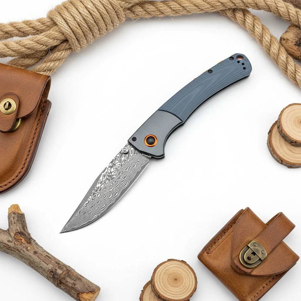 Damascus Steel Folding Knife – Handmade EDC Pocket Knife with Wooden/G10 Handle for Camping & Outdoor