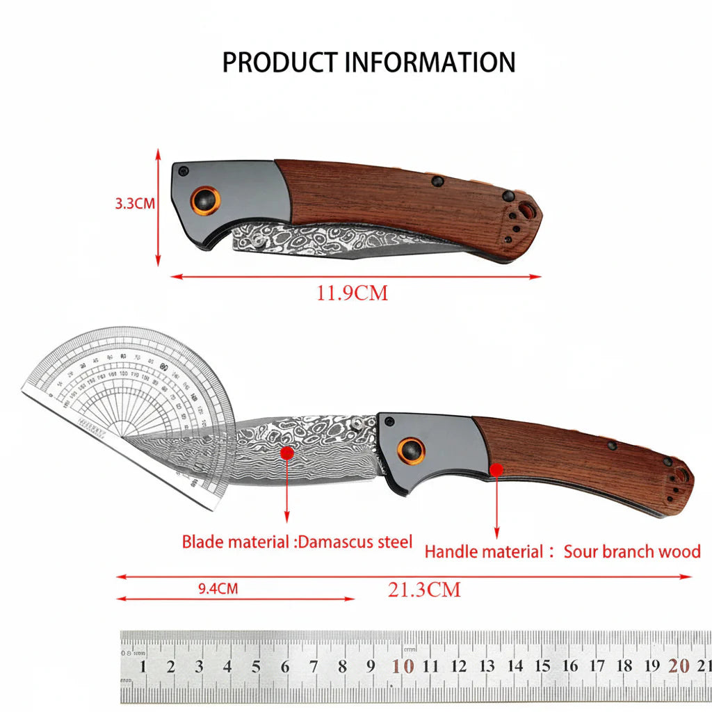 Damascus Steel Folding Knife – Handmade EDC Pocket Knife with Wooden/G10 Handle for Camping & Outdoor