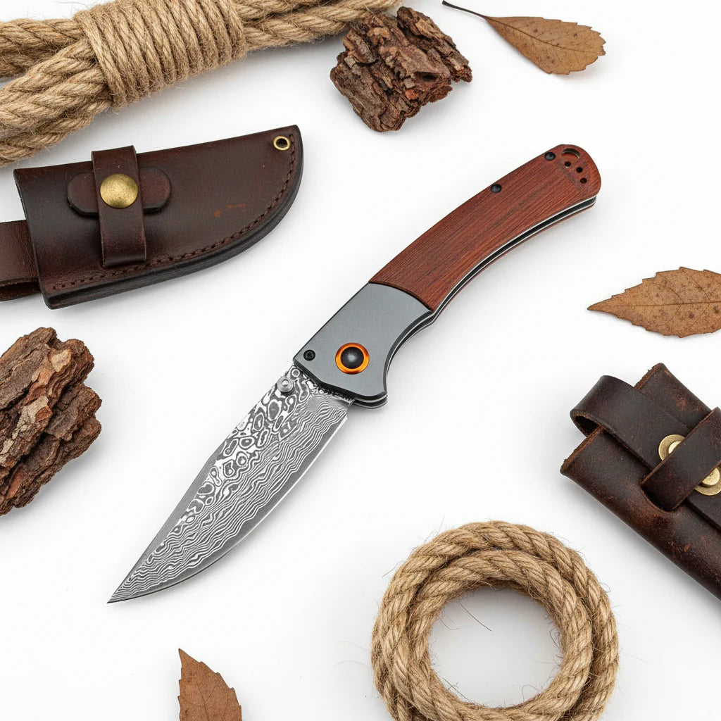 Damascus Steel Folding Knife – Handmade EDC Pocket Knife with Wooden/G10 Handle for Camping & Outdoor