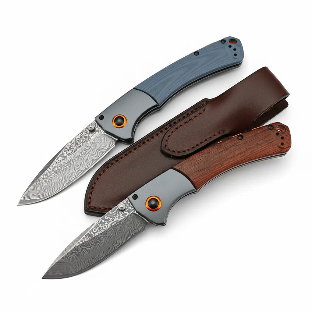 Damascus Steel Folding Knife – Handmade EDC Pocket Knife with Wooden/G10 Handle for Camping & Outdoor