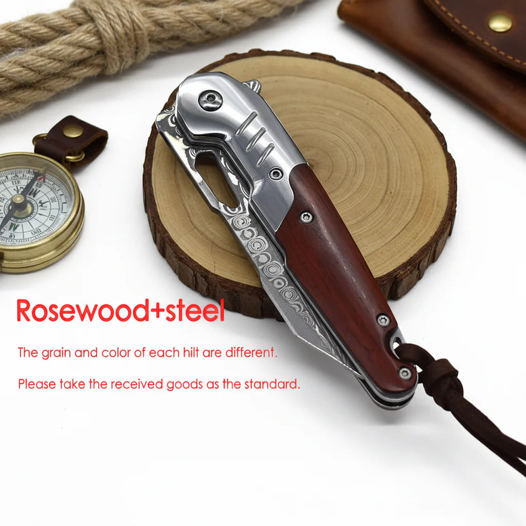 Damascus steel folding knife Rosewood+steel Handle Ball Bearing