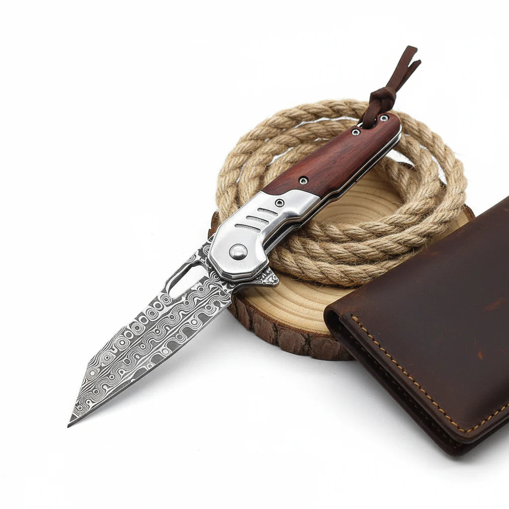 Damascus steel folding knife Rosewood+steel Handle Ball Bearing