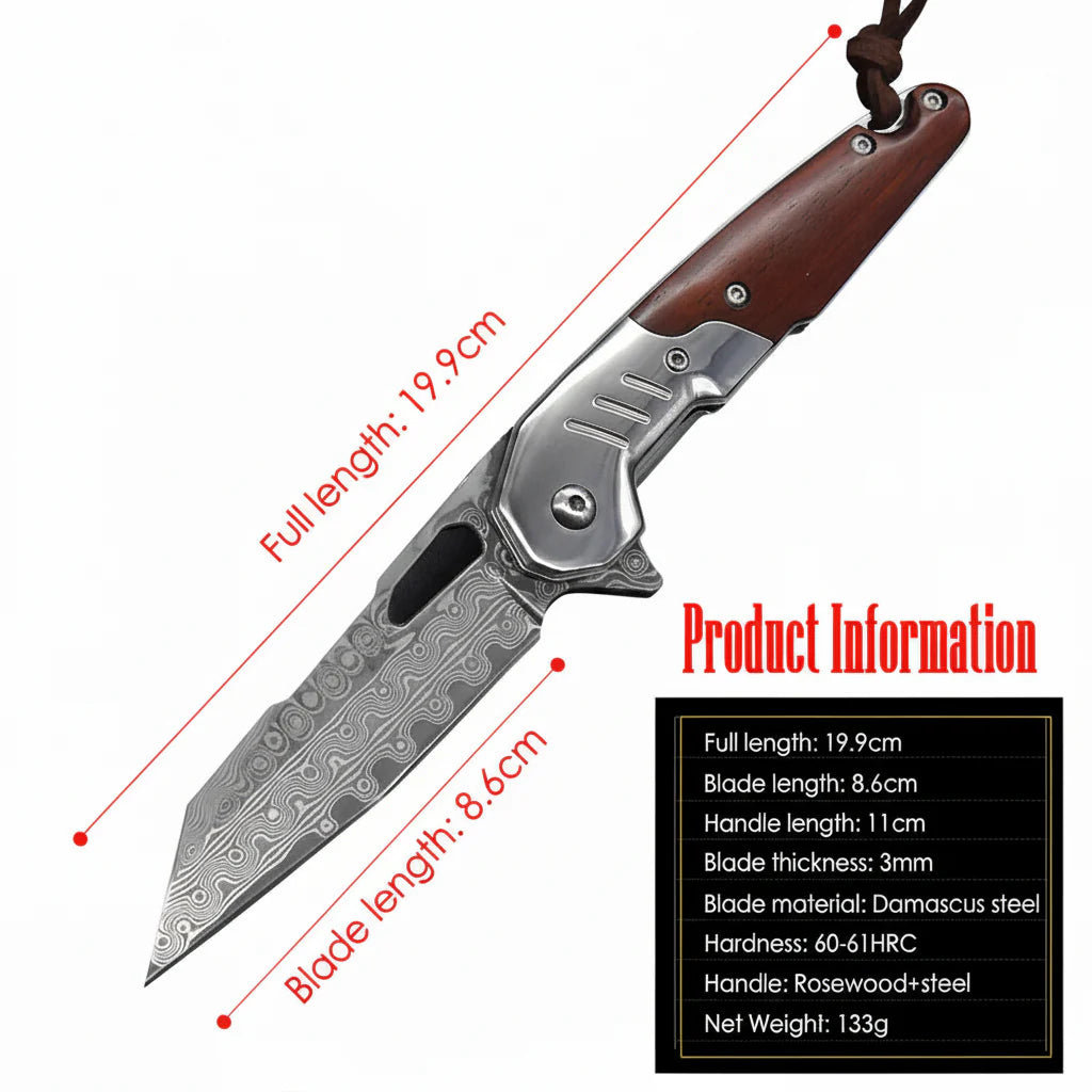 Damascus steel folding knife Rosewood+steel Handle Ball Bearing