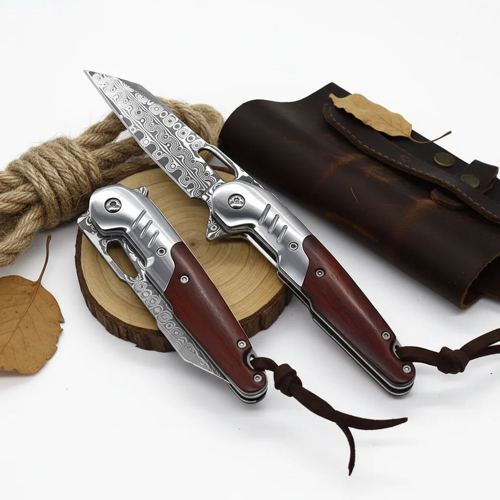 Damascus steel folding knife Rosewood+steel Handle Ball Bearing