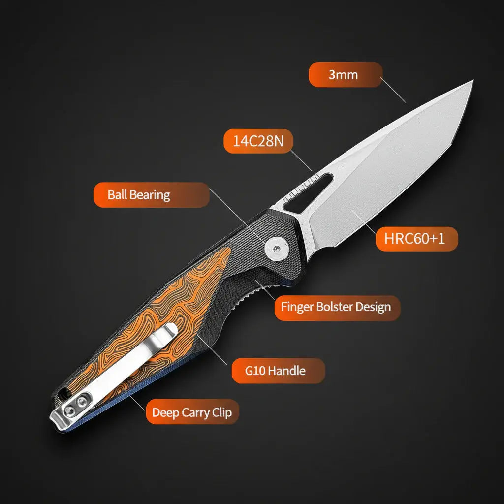 EDC Folding Pocket Knife 14C28N Steel, G10 Handle