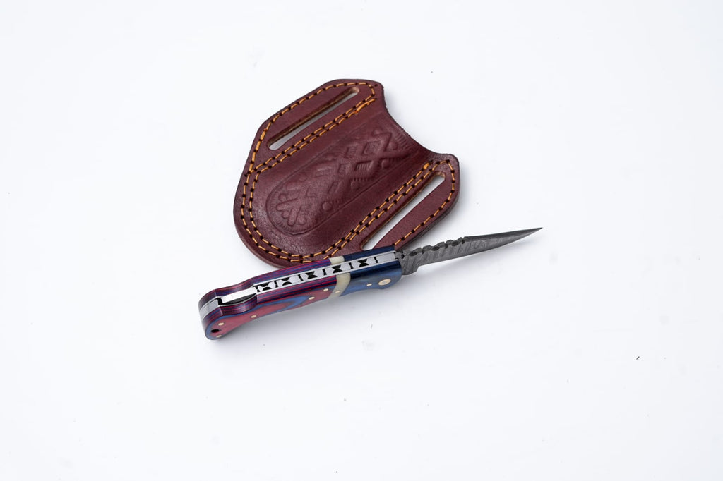 Patriot Series Damascus Folding Knife – Red & Blue Handle with Leather Sheath - TK-409