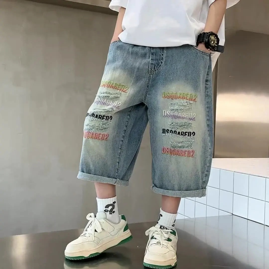 Kids Denim Shorts Teen Boys Casual Knee-Length Jeans Teenage Child Blue Denim With Letter Embroidery Trousers Toddler Ages 4-14Y