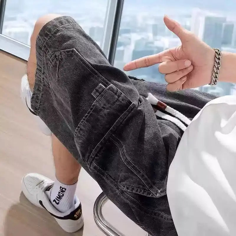 Summer 2025 Big Pocket Denim Shorts Teen Students Trendy Casual Pants Versatile Elastic Waist Men's Jeans Shorts Outer Pants