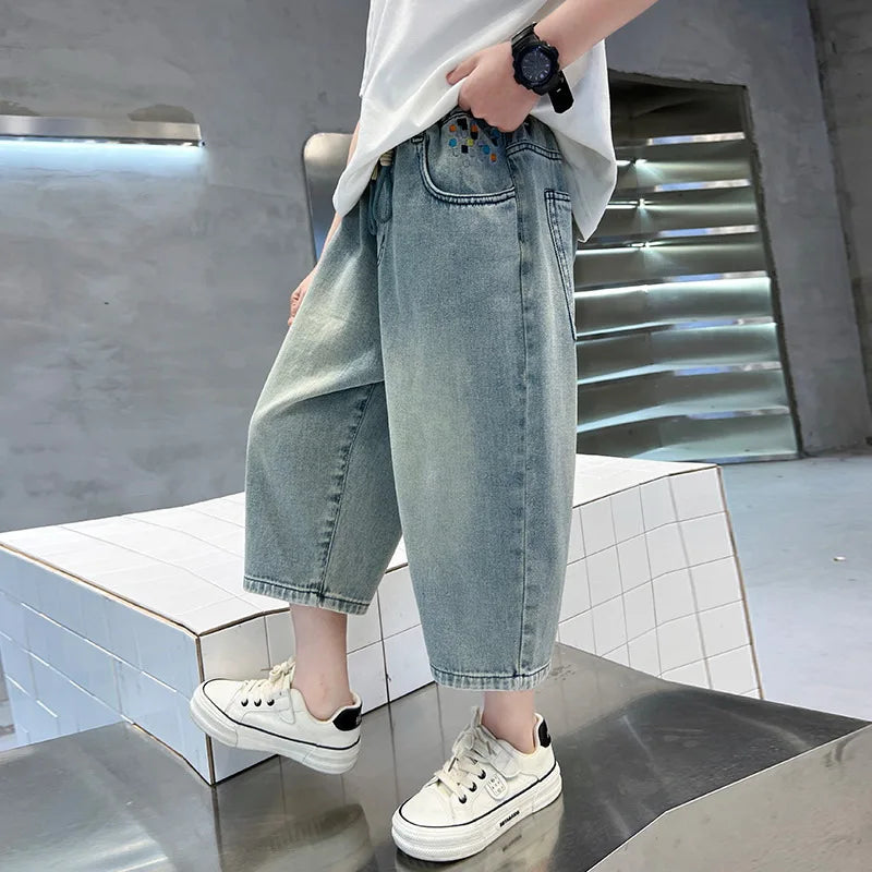 Korean Kids Casual Denim Shorts For Tween Boy Summer Clothes Costume Teens Child Print Baggy Capris Jeans Pants with Drawstring