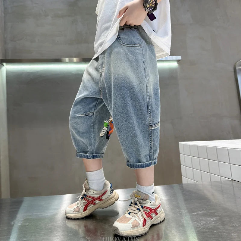 New Fashion Kids Denim Shorts For Boys Summer Hot Sale Cartoon Capris Jeans Teens Children Casual Shorts Bottom Mid-Calf Pants