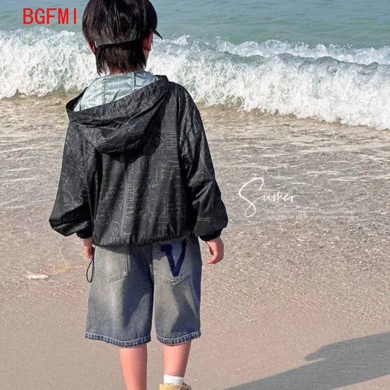 Korean Kids Boy Loose Straight Casual Jeans Shorts Child Blue Denim Shorts 4-14Y Junior Bottoms Summer Clothes for Teen Boys