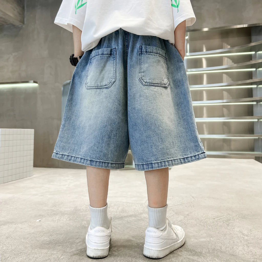 2025 Tween Boy Casual Denim Shorts for Summer Kids Vintage Capris Denim Pants Teens Child Loose Style Knee Length Jeans 5-14Y
