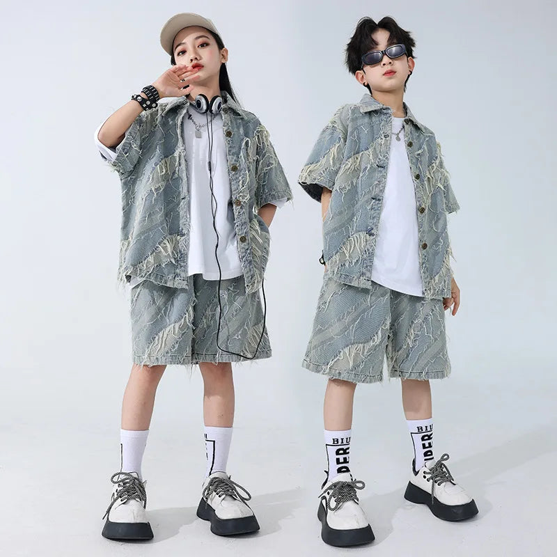 New Hip Hop Street Dance Clothes for Kids Gray Denim Vest Shorts T Shirt Boys Girls Jazz Performance Costume Teens Stage Outfits