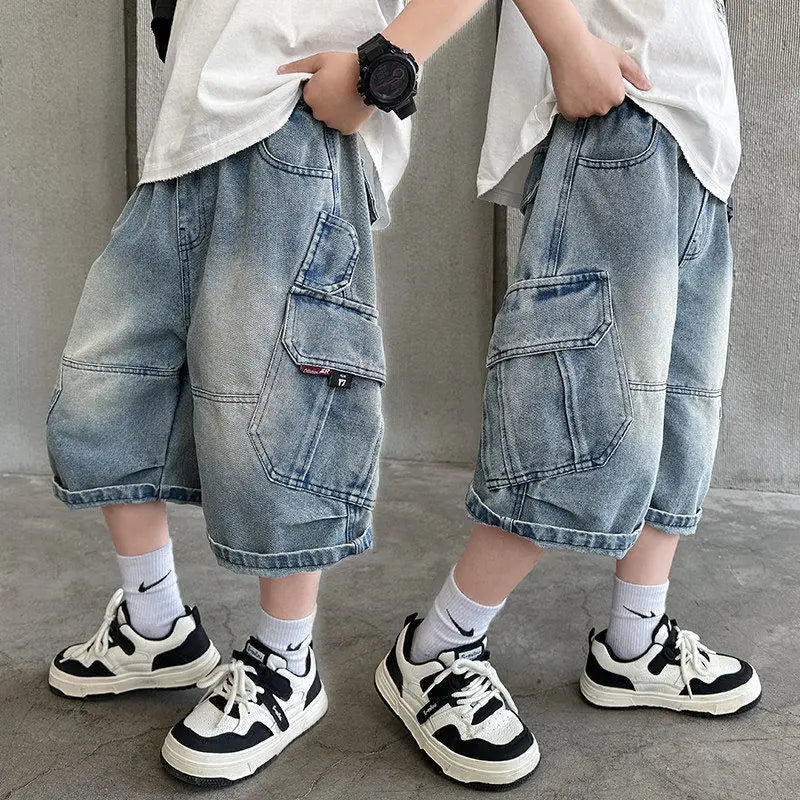 UNITIM Summer Junior Boys Shorts Cotton Letter Print Children Boys Denim Shorts Handsome 3-14Y Kids Boys Shorts Teens Boy Jeans