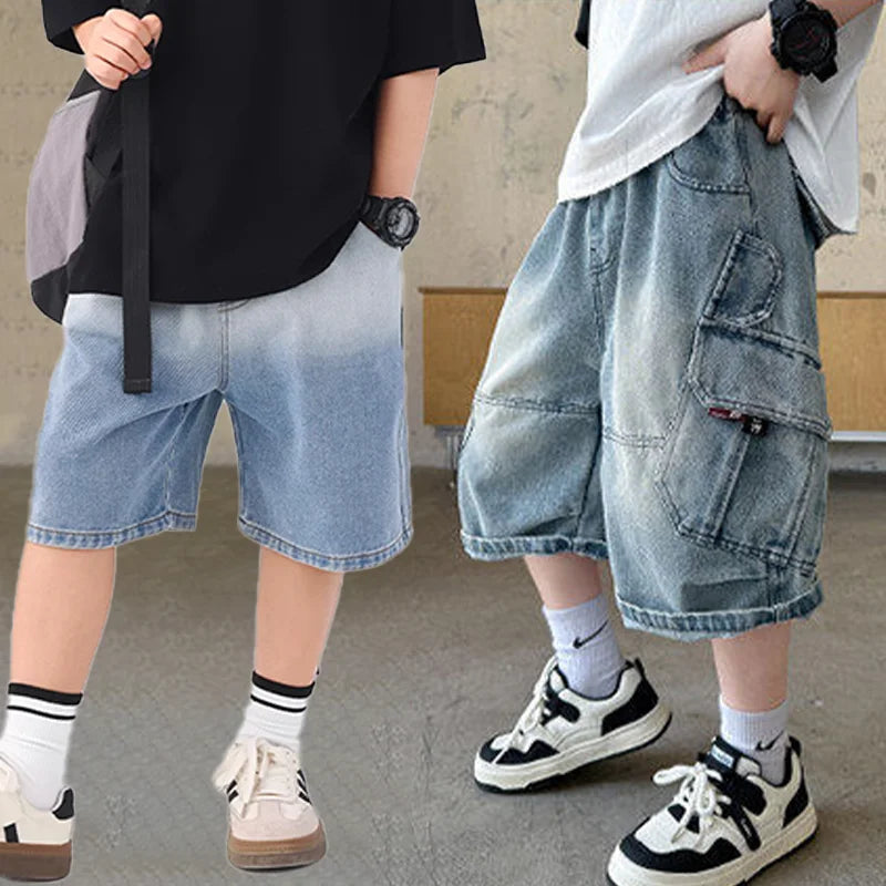 Boys Summer Fashion Ripped Denim Shorts 5-14 Years Kids Cool Big Pocket Cargo Pants Teen Casual Loose Knee-Length Sweatpants