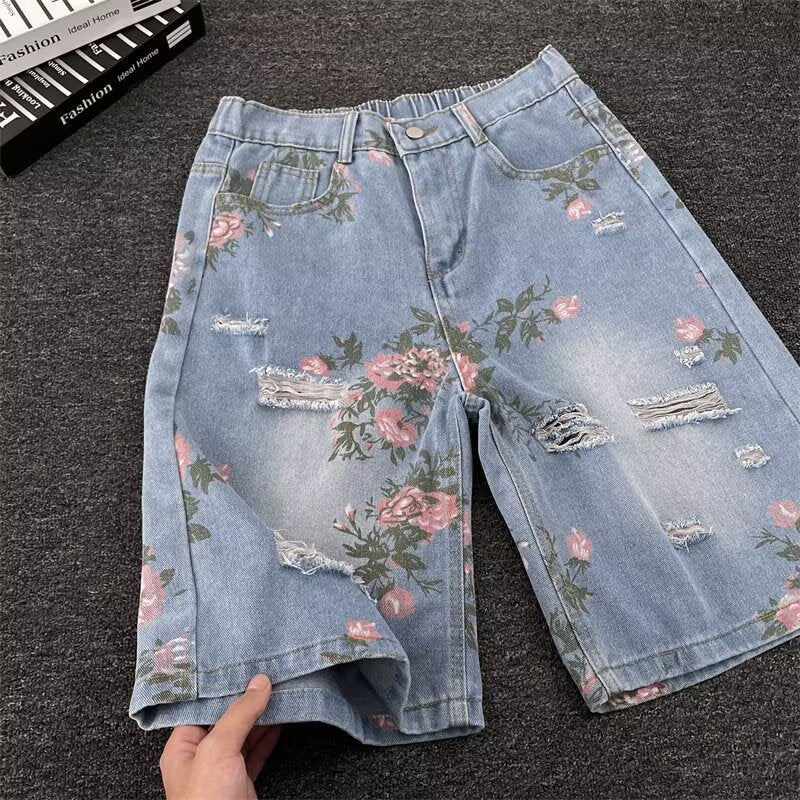 Summer Retro Floral Print Ripped Denim Shorts