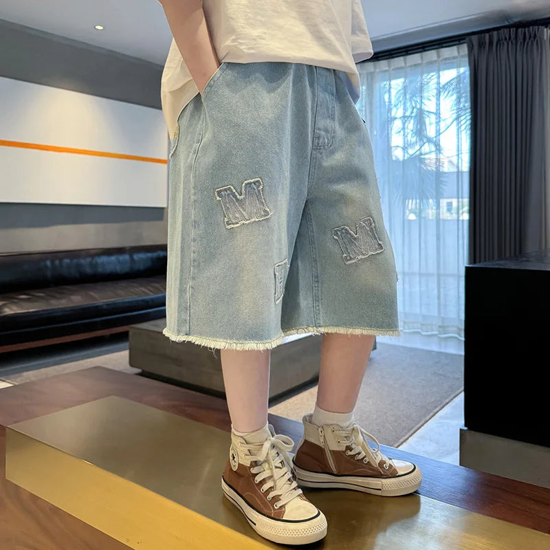 Teenage Child Blue Denim With Y2K Fashion Style Trousers Toddler Ages 4-14Y Boys Denim Shorts Teen Boys Casual Knee-Length Jeans