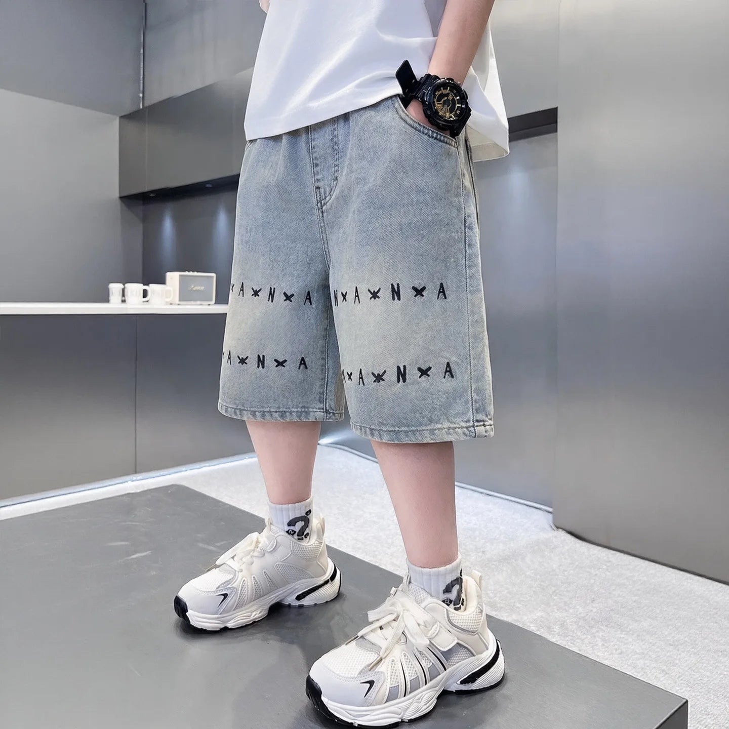 Boys letter Denim Shorts Teen Boys Casual Knee-Length Jeans Teenage Child Blue Denim With Y2K Fashion Style Trousers Ages 5-14Y