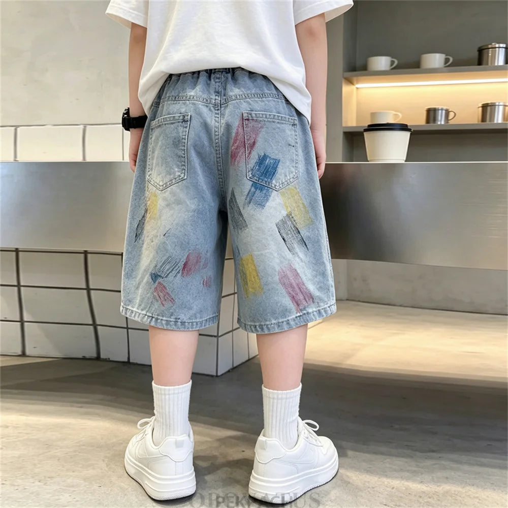 Summer Children Graffiti Print Baggy Denim Shorts for Teen Boys Streetwear Bottoms Kids Casual Knee Length Shorts With Drawings