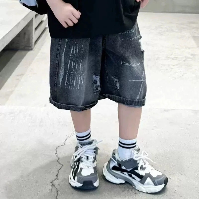 Boys Summer Fashion Ripped Denim Shorts 5-14 Years Kids Cool Big Pocket Cargo Pants Teen Casual Loose Knee-Length Sweatpants