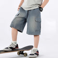 2026 New Teen Boys Short Jeans Summer Children Solid Color Big Pocket Wide Leg Denim Shorts Kids Clothes Loose Knee Length Pants