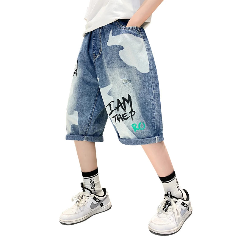 Kids Teenager Slim Denim Shorts For Boys Summer Capris Jeans Teens Children Casual Shorts Bottom Letter Print Mid-Calf Pants