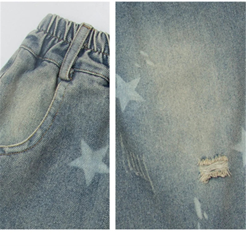 Kids Child Retro Gothic Y2K Knee Length Ripped Denim Shorts With Star Print for Teenage Girl Fashion Casual Mid-Calf Jeans Capri