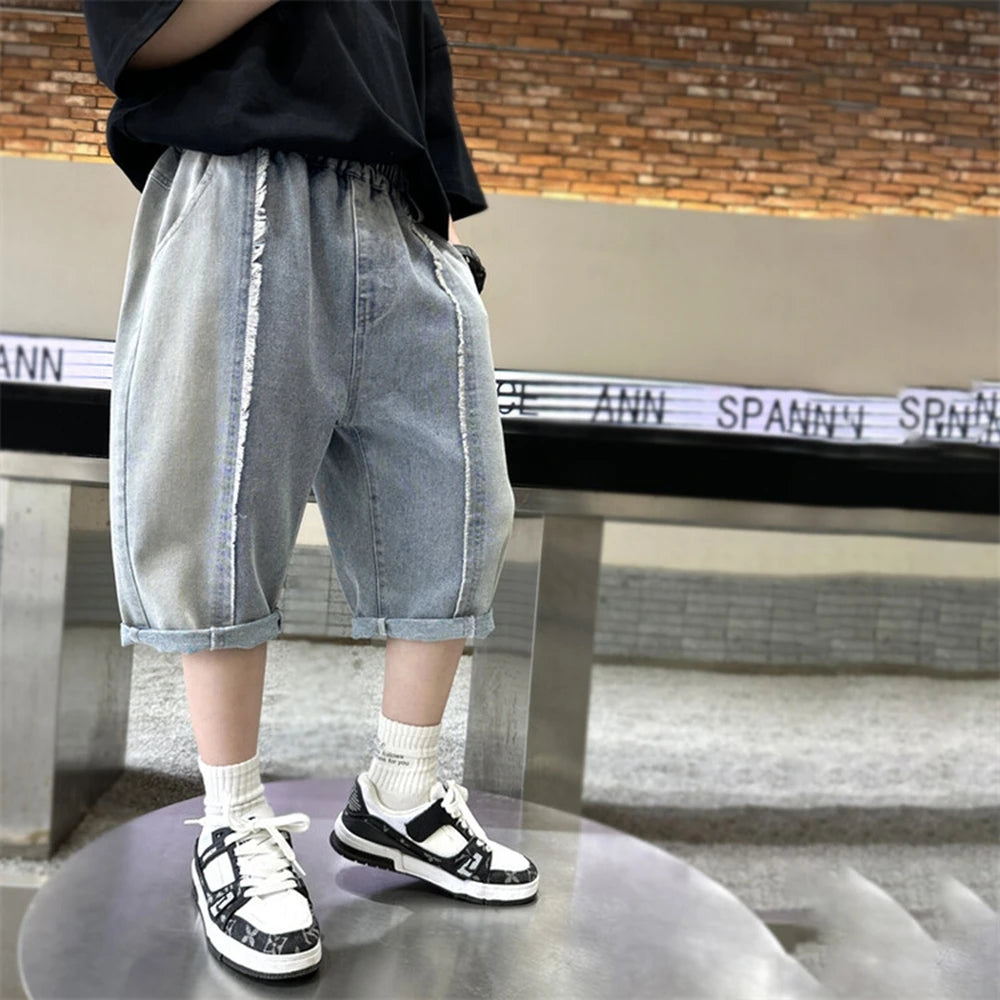 Teen Children's Shorts 2025 Summer New Kids Denim pants thin pants large children loose Boys with five Quarter pants 4-15Years