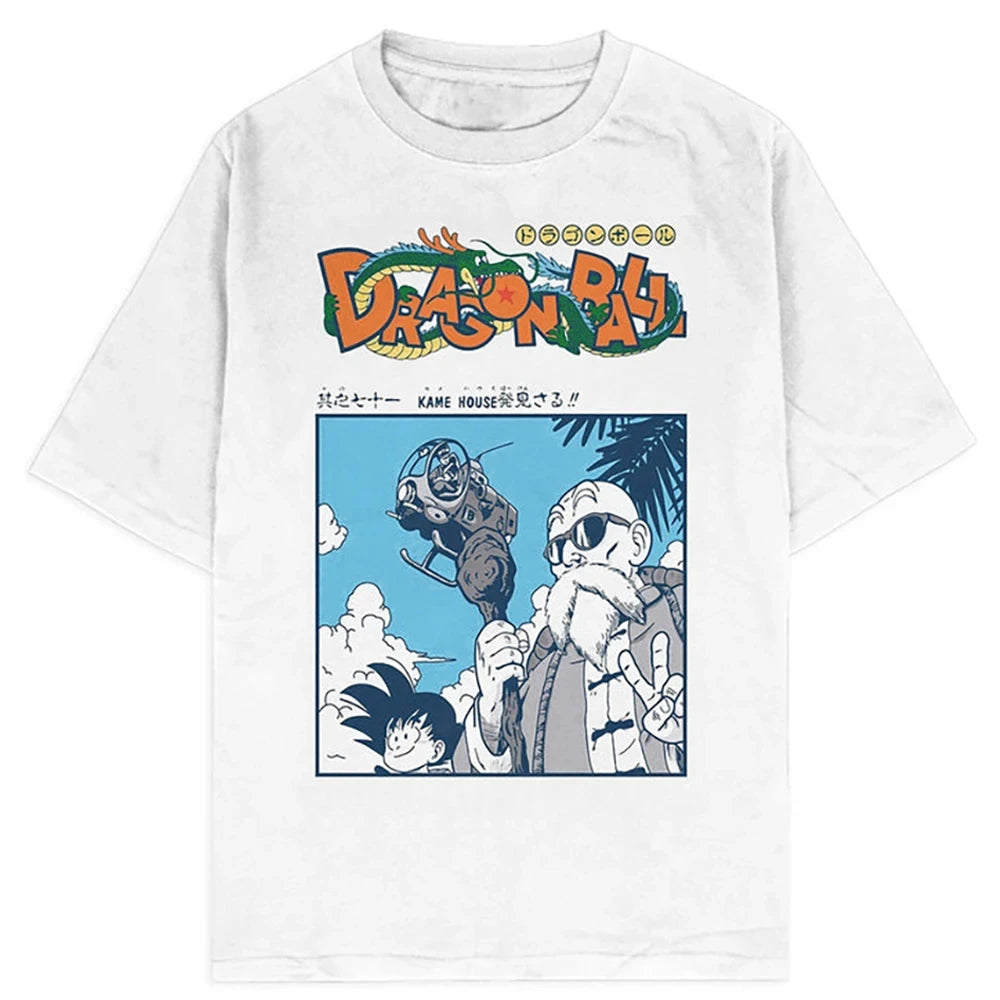 T-shirt Men's Street Clothing Dragon Ball Cartoon Pattern Vintage T-shirt Neutral Casual White Cotton Women T-shirt Top