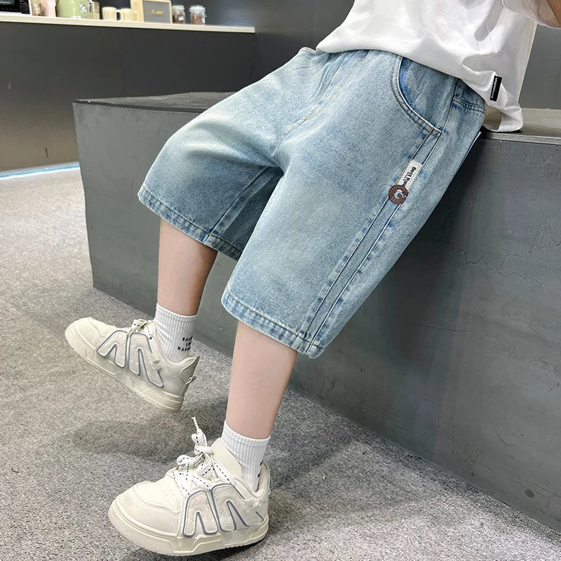 Boys Denim Shorts Teen Boys Casual Knee-Length Jeans Teenage Child Blue Denim With Y2K Fashion Style Trousers Toddler Ages 4-14Y