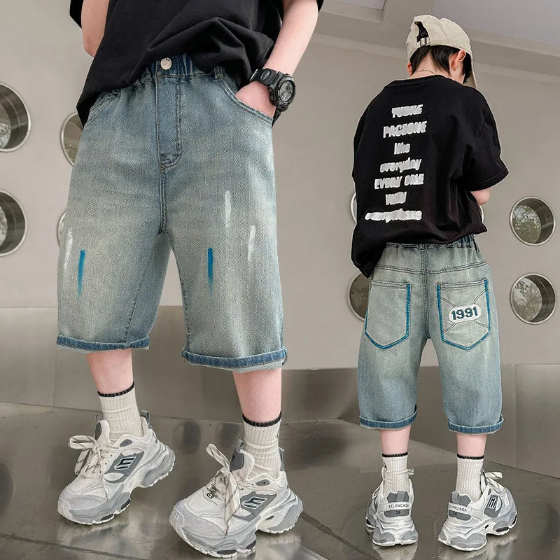 Boys Retro Gothic Denim Shorts For Boys Casual Knee Length short Jeans Teens Child Graffiti Print Summer Shorts with Drawings