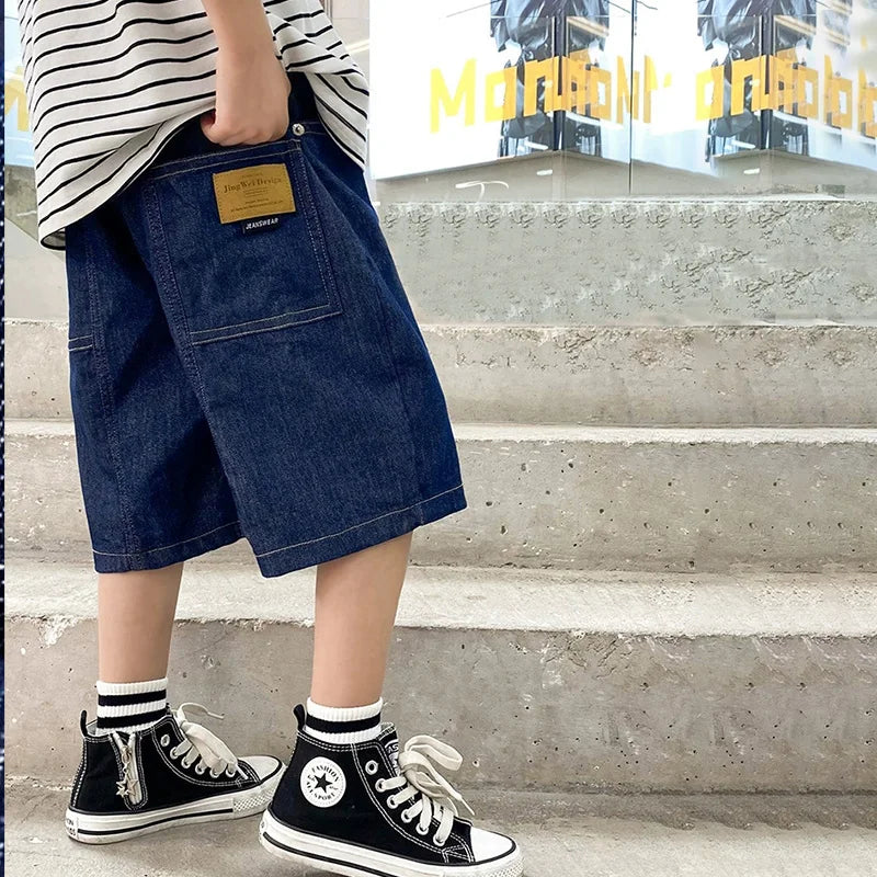Kids Summer Denim Shorts for Boys 4-14 Years Thin Loose Sports Knee-Length Casual Sweatpants Teenagers Straight Middle Pants